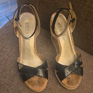 Guess Black Patent Cork Wedge Sandals